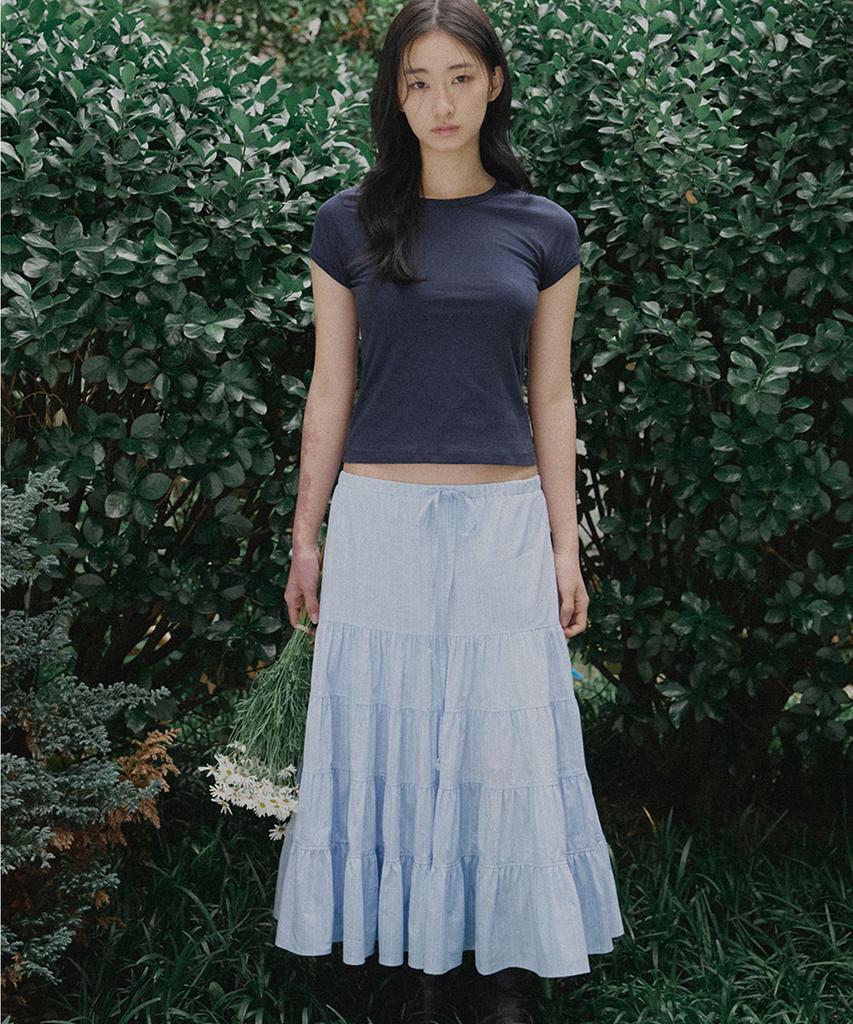 Ridge Shirred Long Tiered Skirt (Sky Blue)