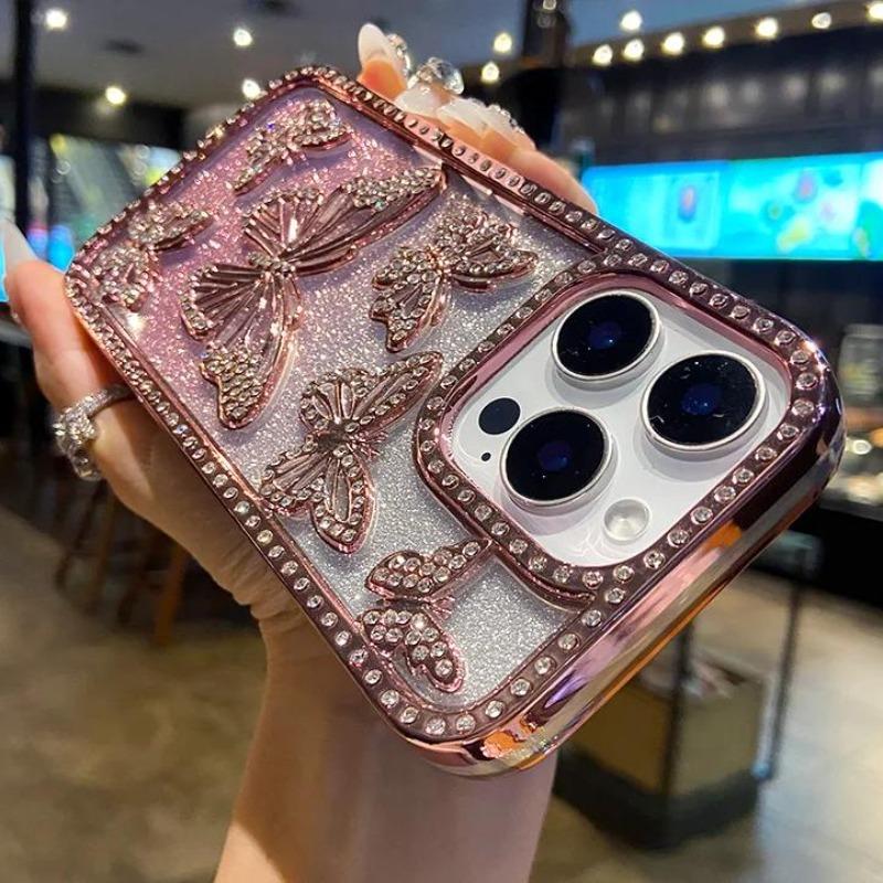 3D Модный Электроplated Бабочка Блеск Алмазный Чехол для Телефона для IPhone 17 16 Pro Max 15 14 13 12 11 Прозрачная Задняя Крышка