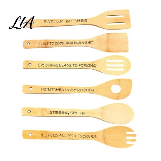 Humorous Kitchen Gifts 6Pcs Bamboo Spoon Set with Funny Swear Words, Engraved Wooden Serving Spoons Cooking Utensils, Gag Gift for Home Stirring