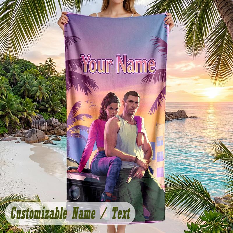 GTA Beach Towel, Personalized Custom Text, Quick Dry Soft Large Towel For Swimming Pool Travel