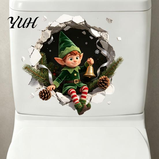 Humid Resistant Bathroom Wall Stickers Christmas 3D Toilet Sticker, Cute Elf Boy Breaking Through Decal, Home Decoration Accessories Funny Cracked