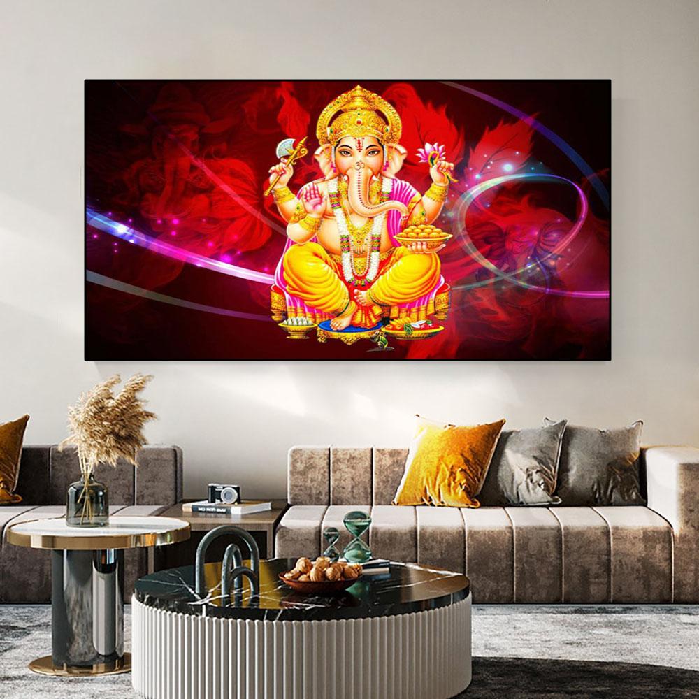 Solid Wood Frame Abstract Elephant God Vintage Hindu Lord Ganesha Canvas Painting Posters and Prints Wall Art Pictures Home Decor