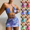 Women's Summer Fashion Sexy Marble-print Backless Lace-up Waist Pleated Knotted Bikini Three-pieces Swimsuit