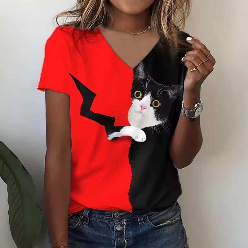 3D забавные кошки принт футболки женские V-образный вырез короткий рукав повседневная мода кавайная графика футболка свободного покроя женская одежда для девочек