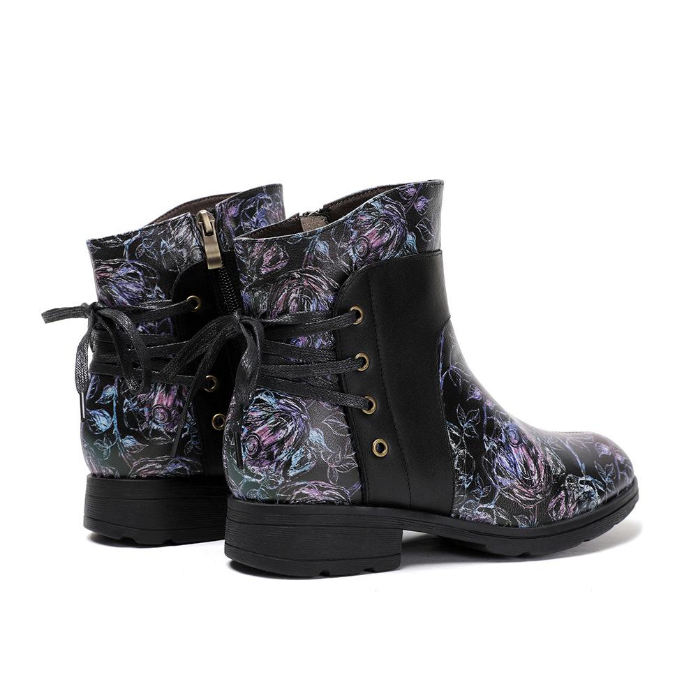 Johnature Genuine Leather Patchwork Printed Ankle Boots Women Shoes Ethnic Style Handmade Round Toe Short Boots