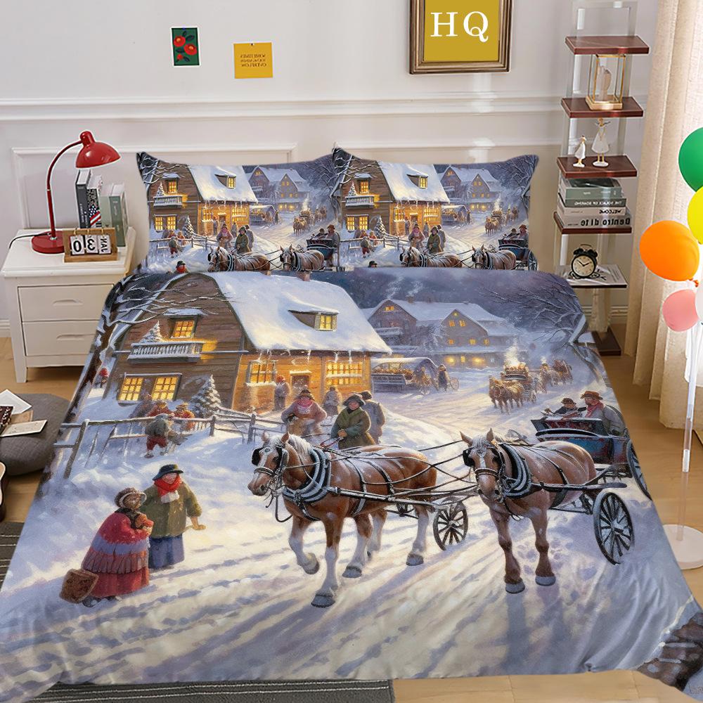 Рождественская карета, снежная сцена, 3D-принт, полиэстеровая наволочка, пододеяльник, набор из двух или трех предметов, можно