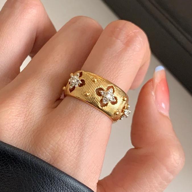 Настоящее Стерлинговое Серебро 18K Золото Циркон Звезда Круглые Открывающиеся Кольца для Женщин Винтажные Тонкие Легкие Роскошные Аксессуары