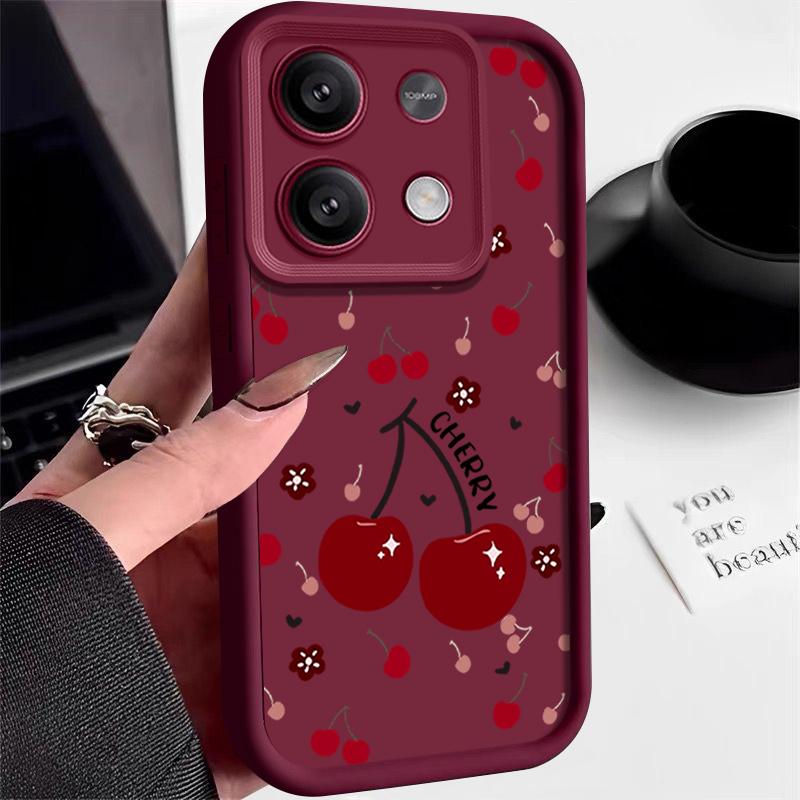Чехол из мягкого однотонного ТПУ с принтом вишни для Xiaomi 14T 13T Poco F6 Pro X6 X5 Redmi 13C Note 13 12 Pro 11, противоударный, матовый, с защитой линз