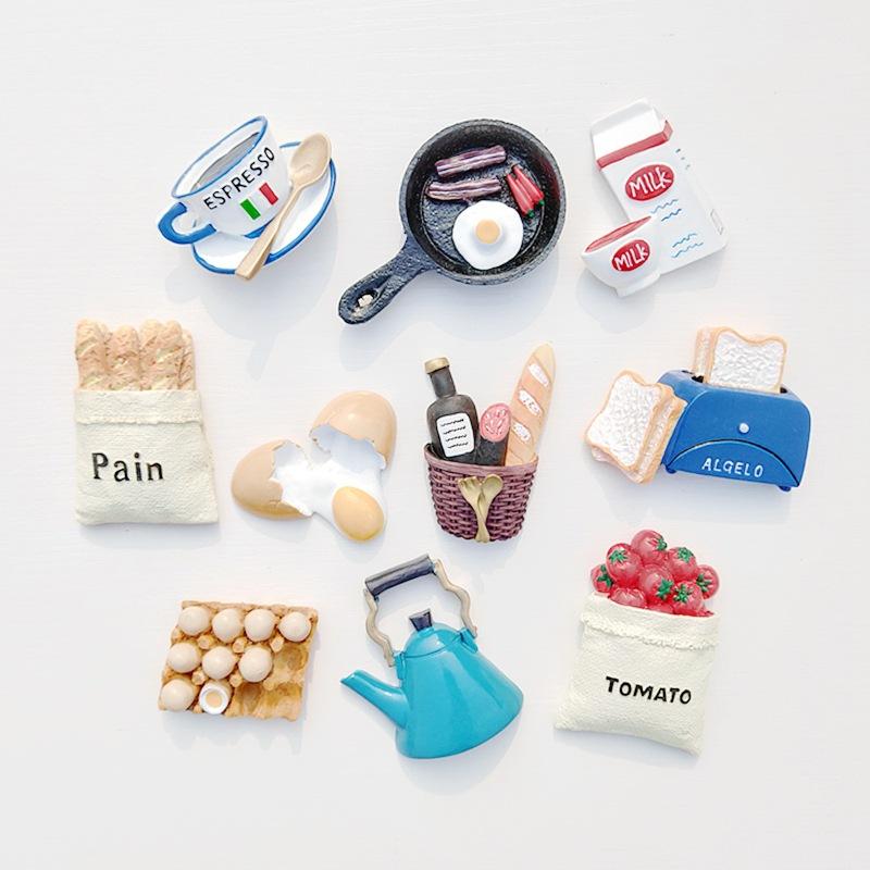 Creative Lovely Bread Milk Bacon Fried Egg Pan Resin Refrigerator Magnet Sticker