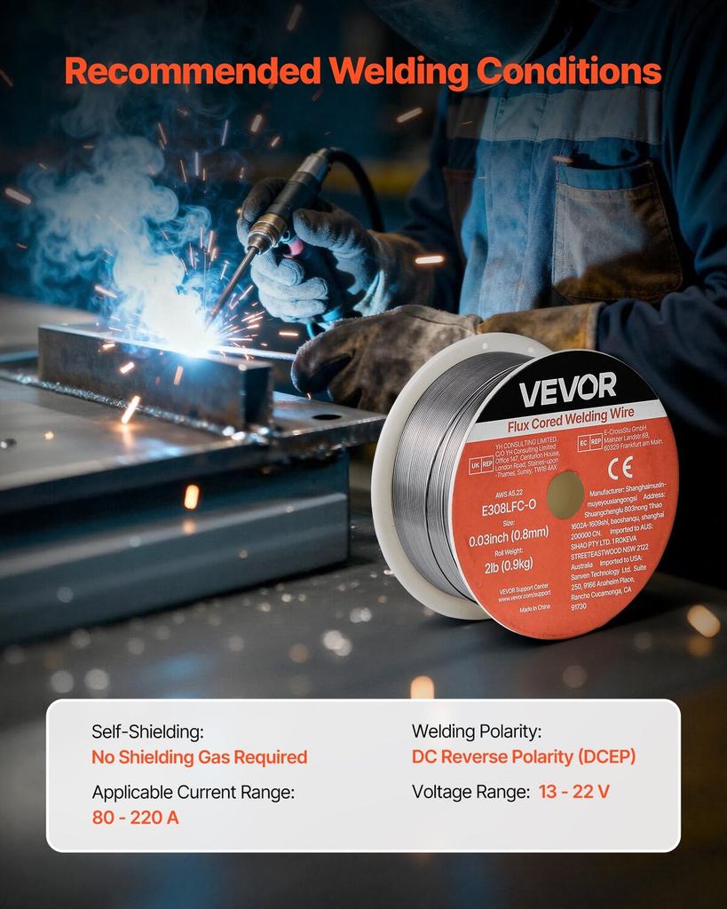 Flux Core MIG Welding Wire, E308LFC-O 0.8mm 0.9kg, Gasless Stainless Steel Welding Wire with Low Spatter for All Position Arc Welding, Self-Shielded
