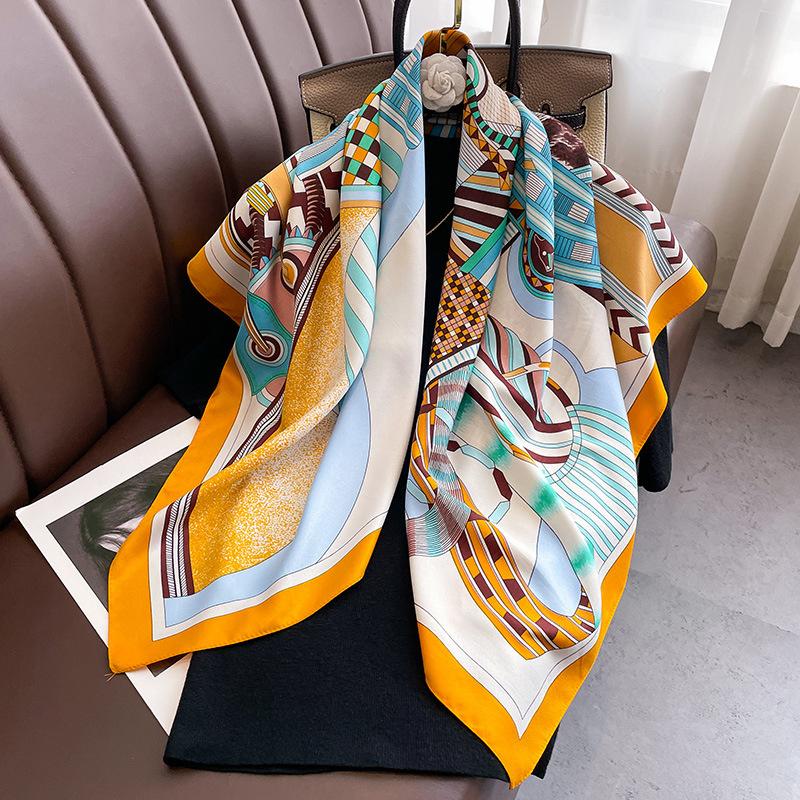 Twill Silk Scarf Women 90cm Square Hijab Shawls And Wraps Female Foulard Headkerchief Elegant Floral Summer Autumn Lady Bandana