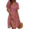 Womens Sundress Summer Floral Short Sleeve Wrap V Neck A-Line Midi Dress