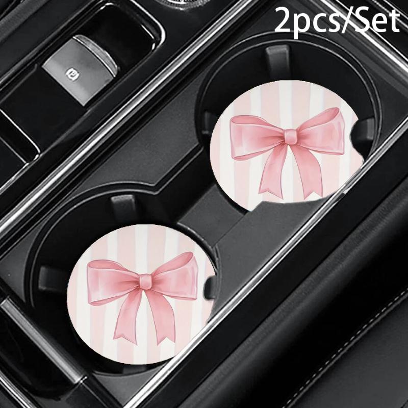 2 Or 6Pcs/Set Non-Slip Pink Bow Print Car Cup Holder Coasters Universal Fit Interior Accessories