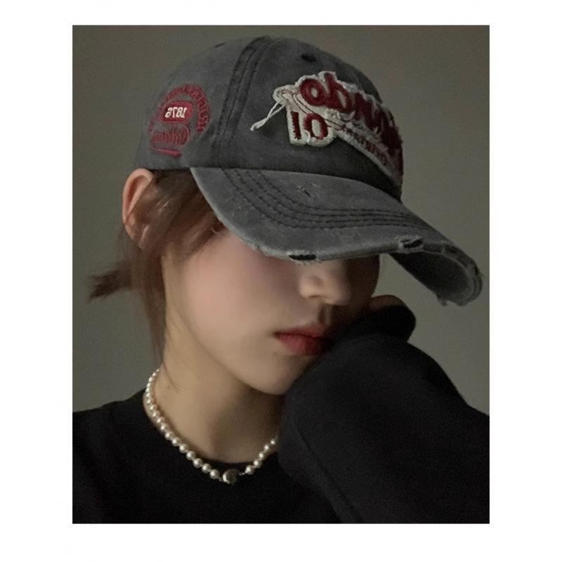 American retro distressed washed ripped denim wide-brimmed fashion casual versatile black printed hat