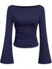 2025 Autumn Slim Fit Women's Boat Neck Bell Sleeve Ruched Top - Solid Color, Long Sleeve