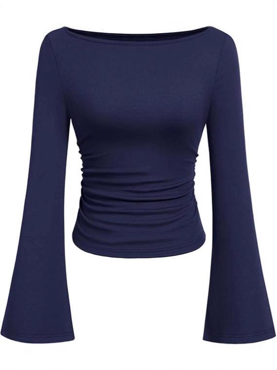 2025 Autumn Slim Fit Women's Boat Neck Bell Sleeve Ruched Top - Solid Color, Long Sleeve
