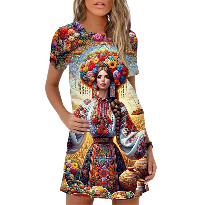 Elegant 3D Abstract Oil Painting Figures Print Women Dress New 2025 Summer Clothing Dress Short Sleeve Loose Casual A-Line Dress