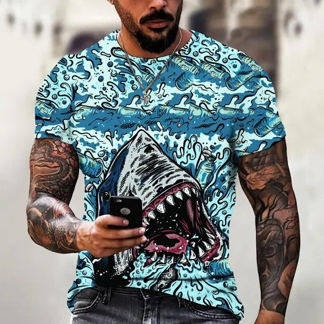 T Shirt For Men Anime Shark Print Men's T Shirt Hip Hop Style Short Sleeve Tops Summer Round Neck Streetwear Oversized Tees