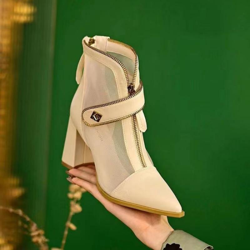 Women's Fashion High-heeled Ankle Boots Fall New Pointy Mesh Breathable Front and Back Zipper Thick Heel Boots