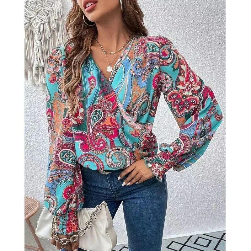 Elegant Pleated Loose Shirt Female Lantern Sleeve Women Pullover Blouse Cross V-neck Simple Solid Shirts Casual Tops Mujer 29658