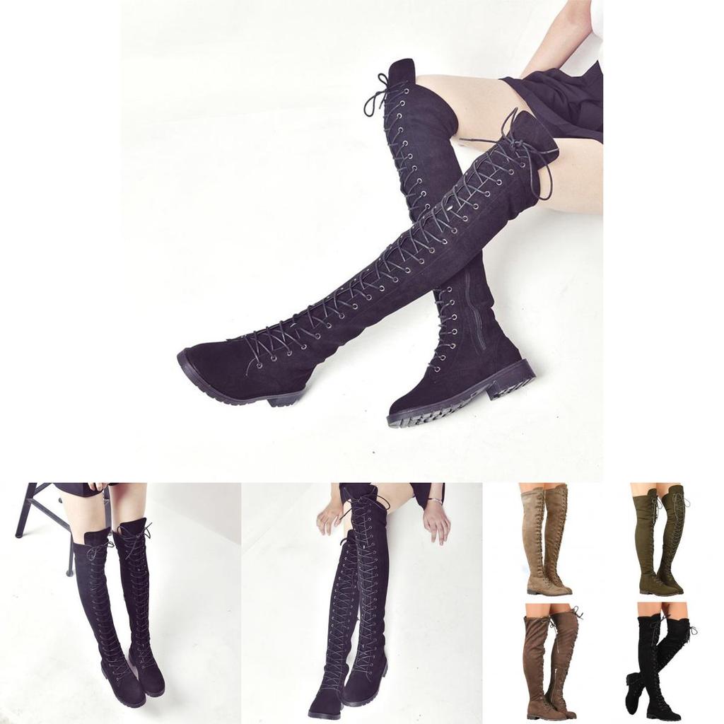Premium Quality Womens Lace Up Low Heel Thigh High Over The Knee Stretch Riding Boots Shoes