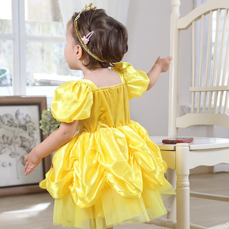 Baby Girls Princess Dress Cosplay Costume Yellow Puff Sleeve Party Gown Toddler Kids