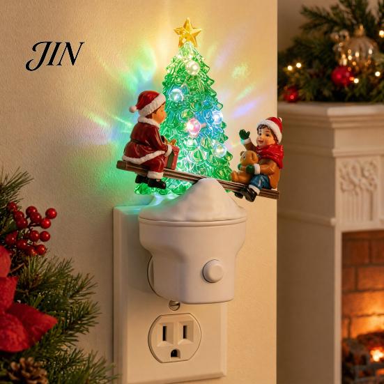Small Space Night Light Christmas Plug-in LED Light, Resin Glowing Tree Lamp with Kids Reindeer Shaped Seesaw Design, Wall Decor for Bedroom Hallway,