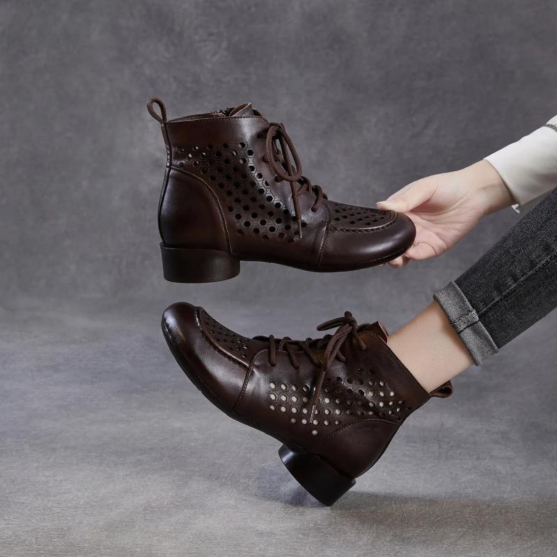 Johnature Женские ботинки из натуральной кожи в ретро-стиле на толстом каблуке с вырезами, низкий каблук, дышащие