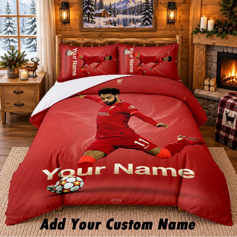 Mohamed Salah Pattern Bedding 3Pcs Set Custom Name, Bed Sheet And Pillowcases For Home Bedroom