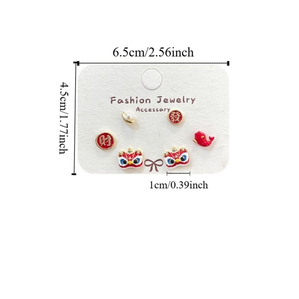Cartoon Awakened Lion Earrings Good Luck Bell Ear Studs Lion Dance Earrings Set New Year Gift