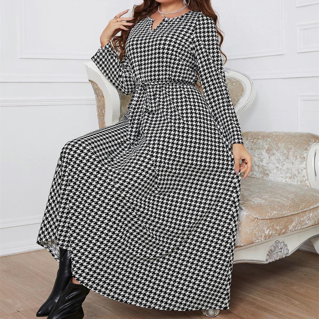 HNXC Женские модные осенние платья, повседневные платья с длинным рукавом и круглым вырезом в клетку с принтом