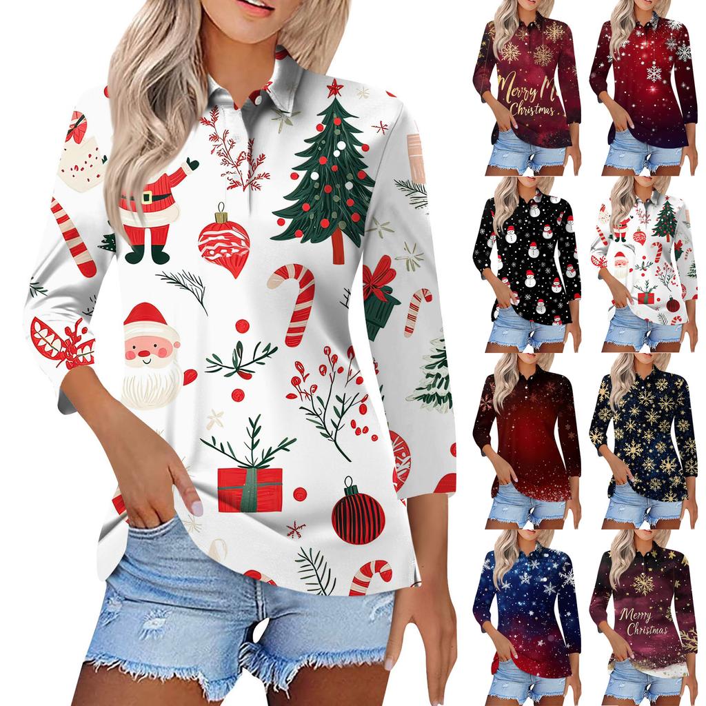 Women's Fashion Casual Lapel Short 3/4 Sleeve Christmas Print Shirt Women's Button Up Tops