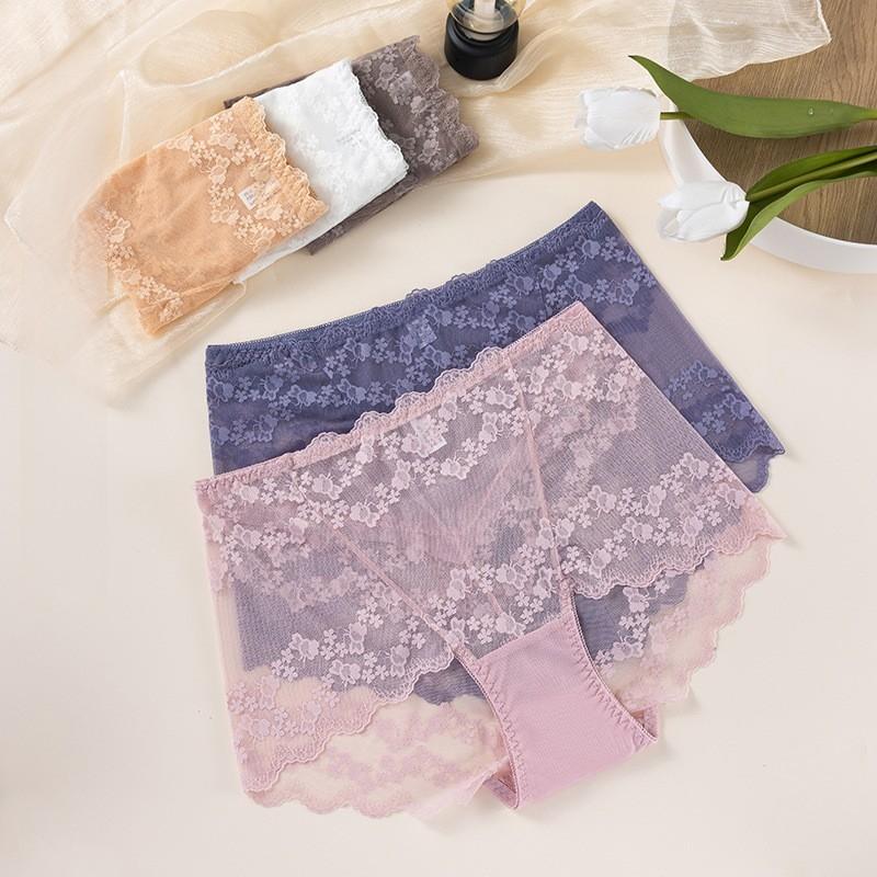 Women's Panties Sexy Lace Flower Embroidery Underwear High Waist Breathable Underpants Plus Size Comfort Intimates Lingerie