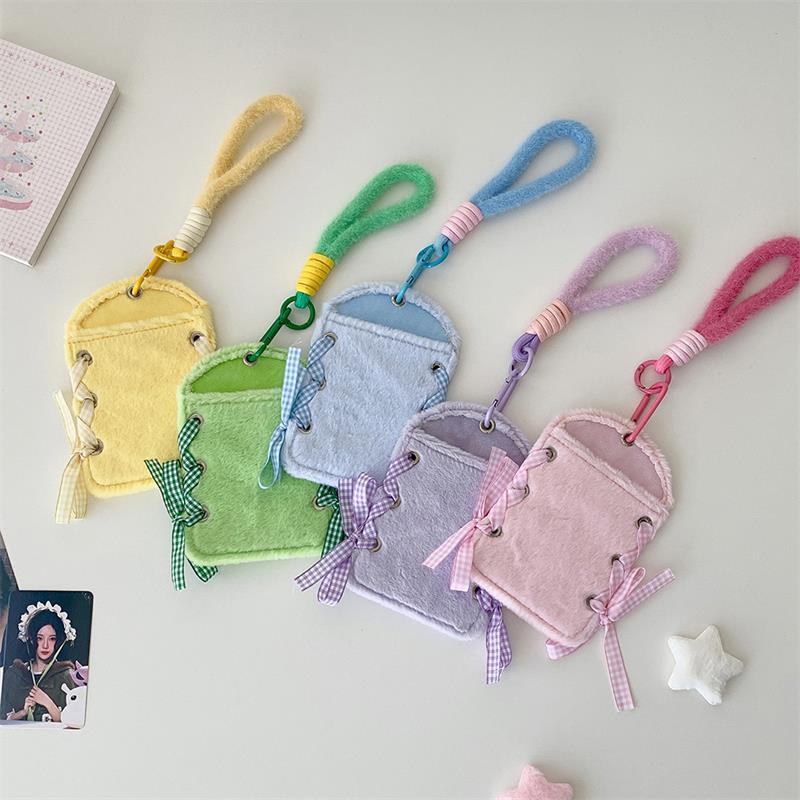 Cute Ballet-Style Ribbon Photocard Holder Plush Card Holder With Lanyard Idol Photo Storage Card Display Protective Pendant Gift