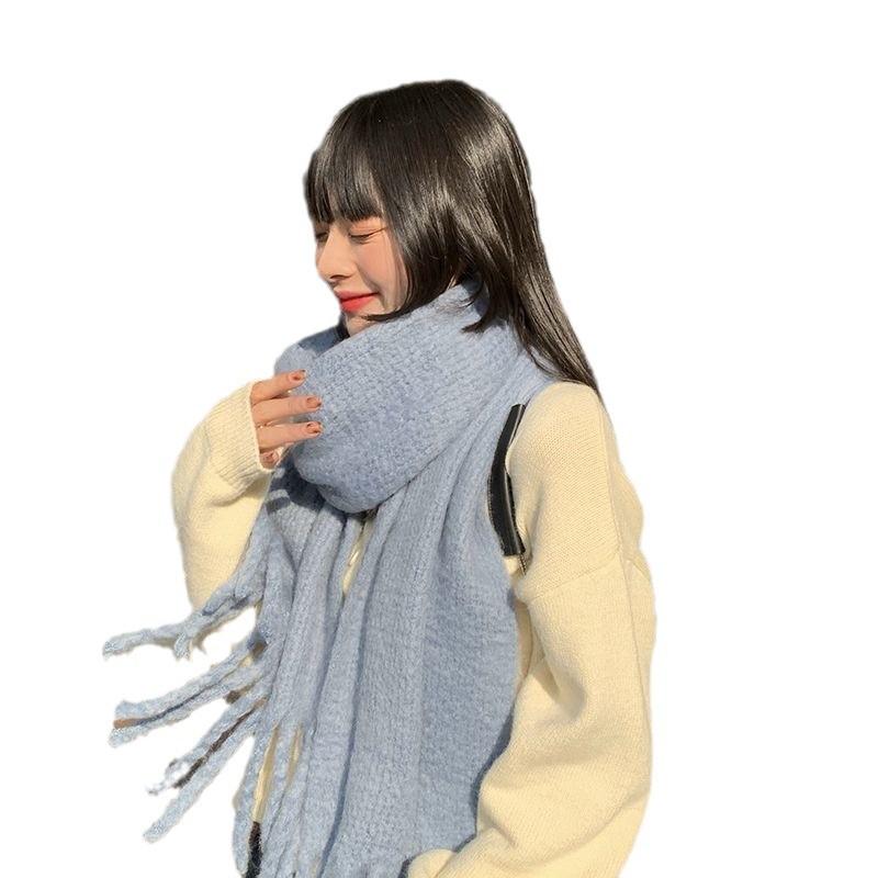 Korean Style Colorful Plaid Scarf for Women Soft Solid Color Scarf Thickened Warm Soft Girl Student Tassel Versatile Mohair