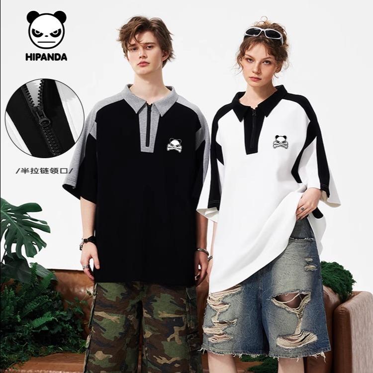 Hello Hipanda Panda Texture Half Zipper Collar Splicing Polo Shirt