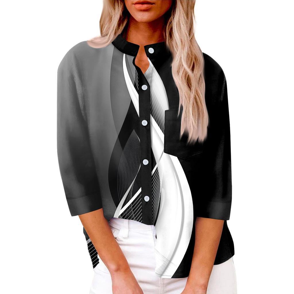 Women's Fashion Casual Shirt Button Loose Seven Sleeve Striped Patchwork Printed Top