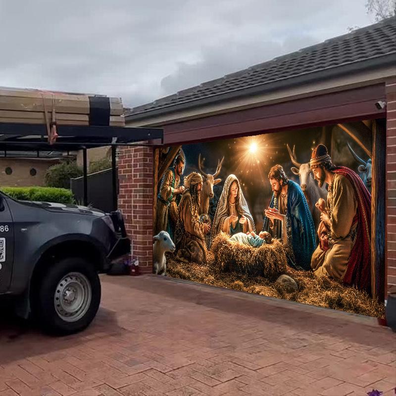 Nativity Christmas scene garage door Banner - Large polyester, outdoor Christmas decoration, suitable for festivals and parties