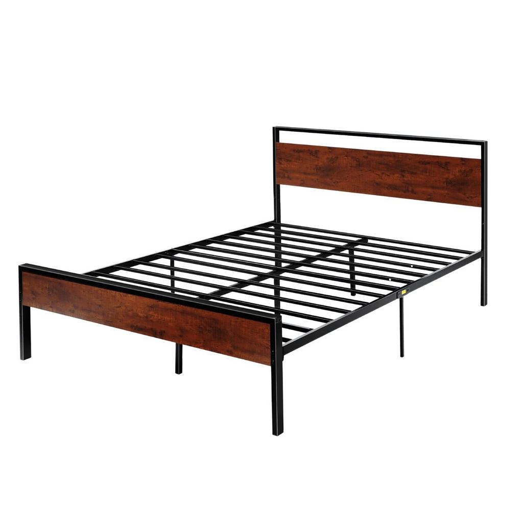 Queen Size Bed Frame, 35 cm Black Metal Platform Bed Frame with Retro Brown Wooden Headboard and Footboard, Large Under-Bed Storage, Non-Slip Without