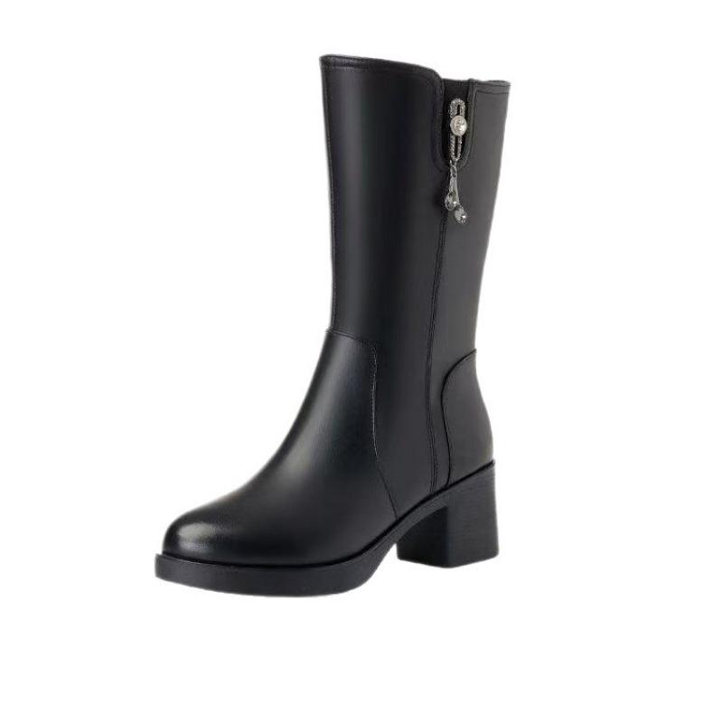 Winter New Cotton Boots Thick Heel High Boots Medium Shoes Velvet Warm Non-slip High Heel Fashion Leather Boots
