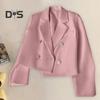 Autumn Women Lapel Long Sleeve Cropped Blazer Double Breasted Solid Color Slim Fit Suit Coat Streetwear