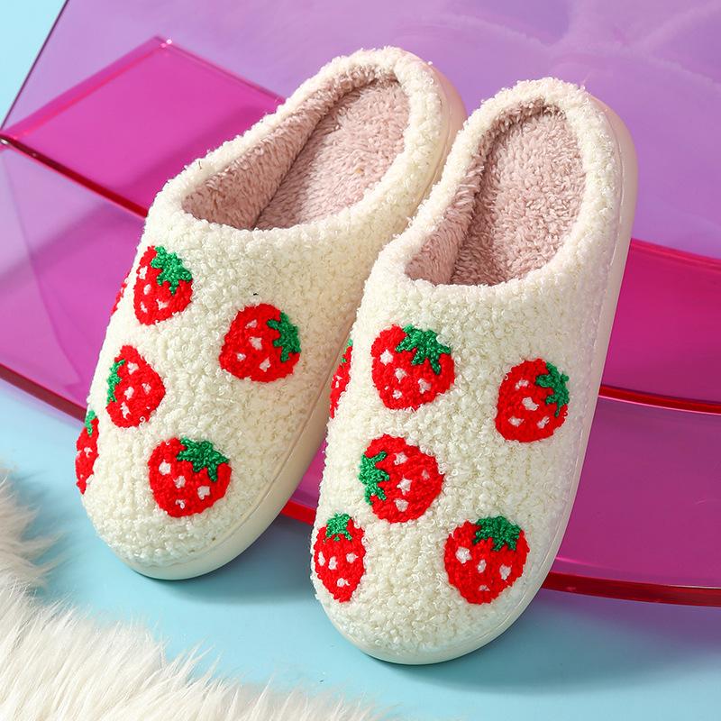 Home Cute Cartoon Strawberry Winter Cotton Slippers for Men and Women's Couples Thick Sole Warm Cotton Slippers