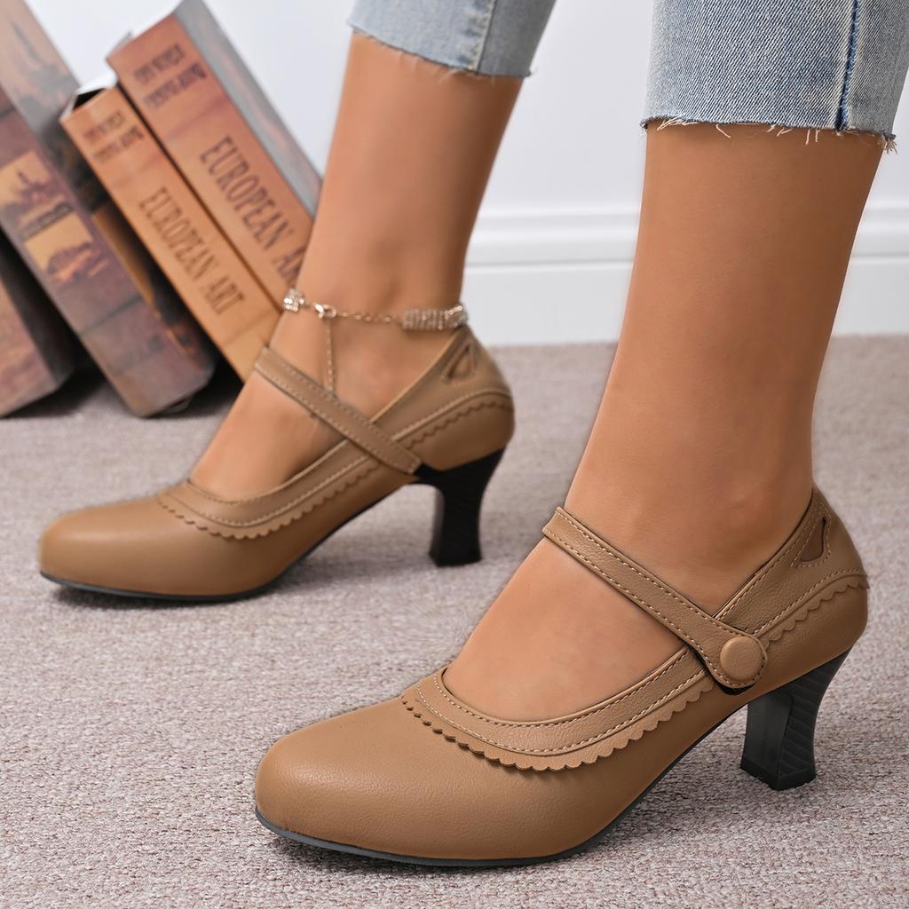 Designer Women Pumps Casual Mary Jane Shoes Solid Color Round Toe Shoes Buckle Strap Leather Sandals Footwear High Heels Shoes
