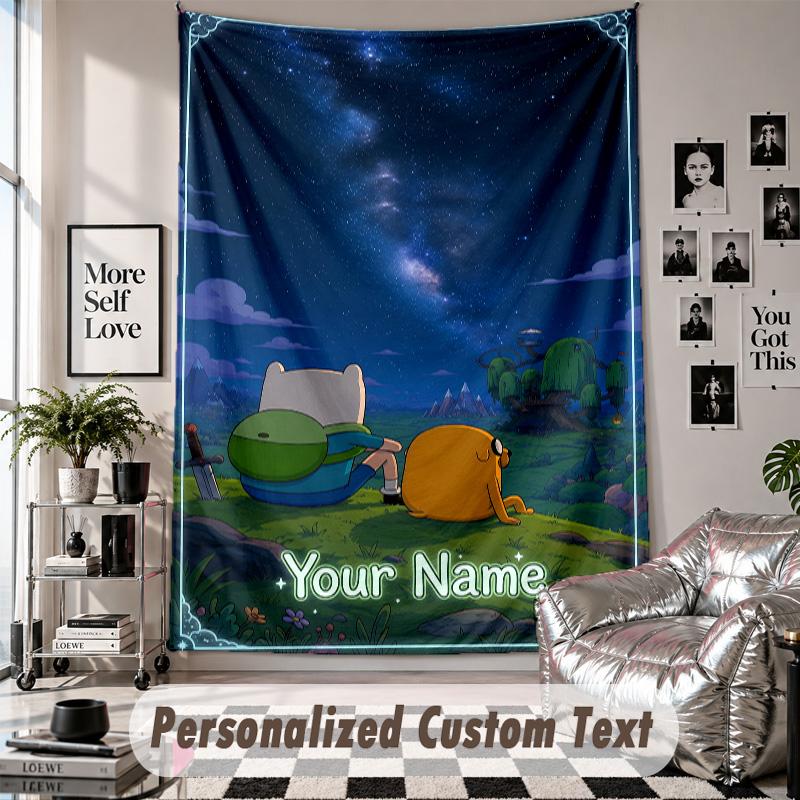 Wall Hanging Tapestry With Custom Name & Text, Adventure Time cartoon Decorative Tapestry For Bedroom