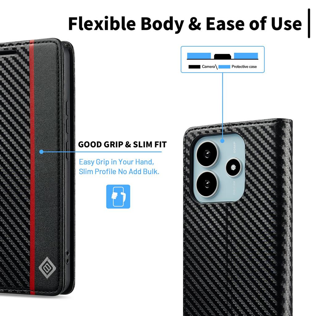 LC.IMEEKE For Xiaomi Redmi Note 14 4G (164.84mm) Case Carbon Fiber Texture Phone Cover Stand Card Holder