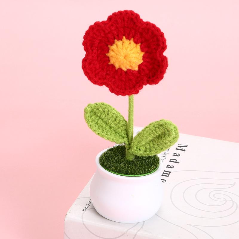 Handcrafted Wool-Knit Lavender & Red Daisies Potted Plant Ornament for Home or Office