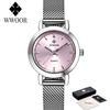 WWOOR Simple Pink Dial Quartz Watch Women Minimalist Design Mesh Belt Wristwatch Small Dial Women Fashion Watch Reloj Mujer