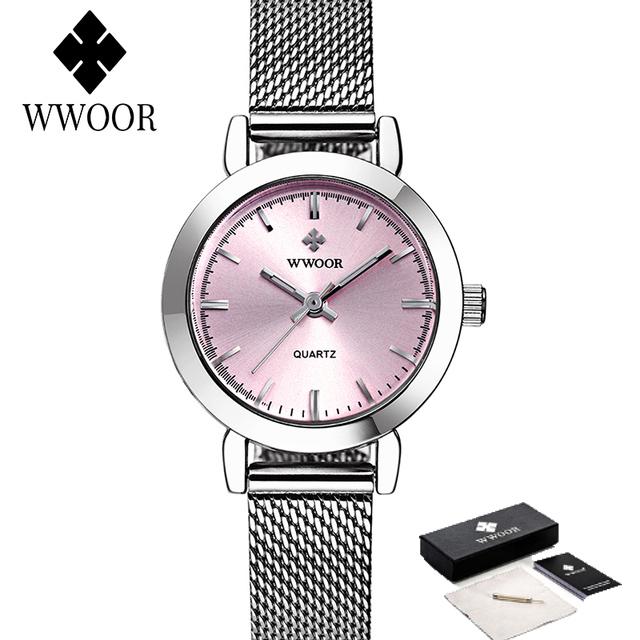 WWOOR Simple Pink Dial Quartz Watch Women Minimalist Design Mesh Belt Wristwatch Small Dial Women Fashion Watch Reloj Mujer