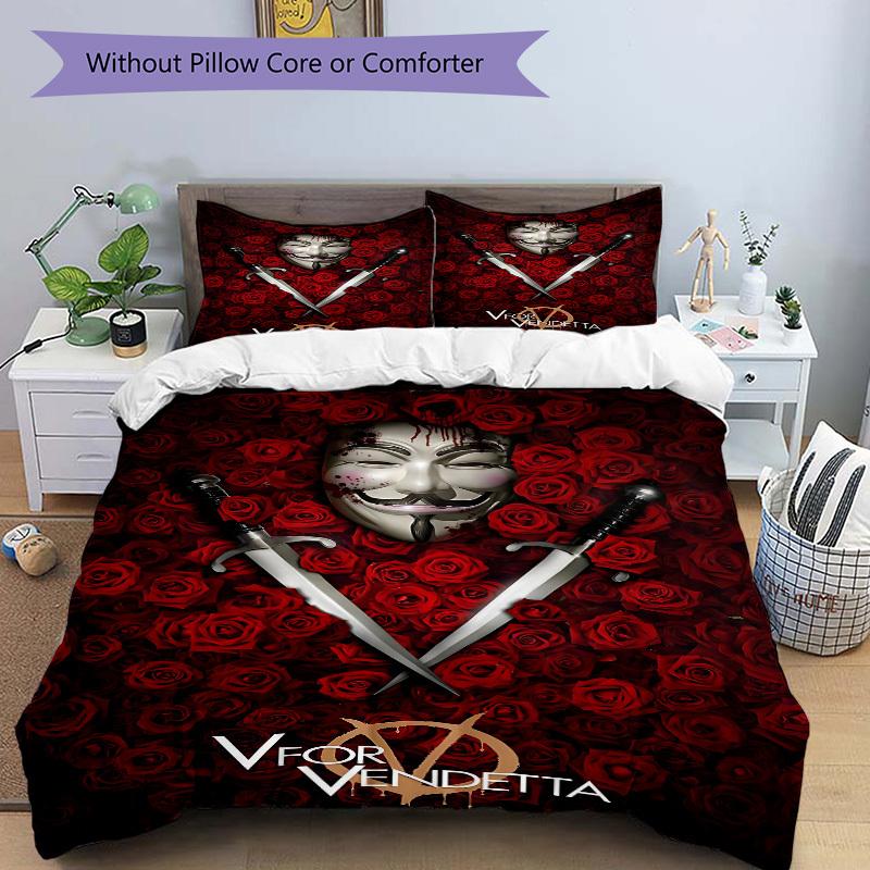 3pcs V for Vendetta Bedding Set, Soft Polyester Duvet Cover and Pillowcases Machine Washable Seasons all suitable & Guest Room Decor213