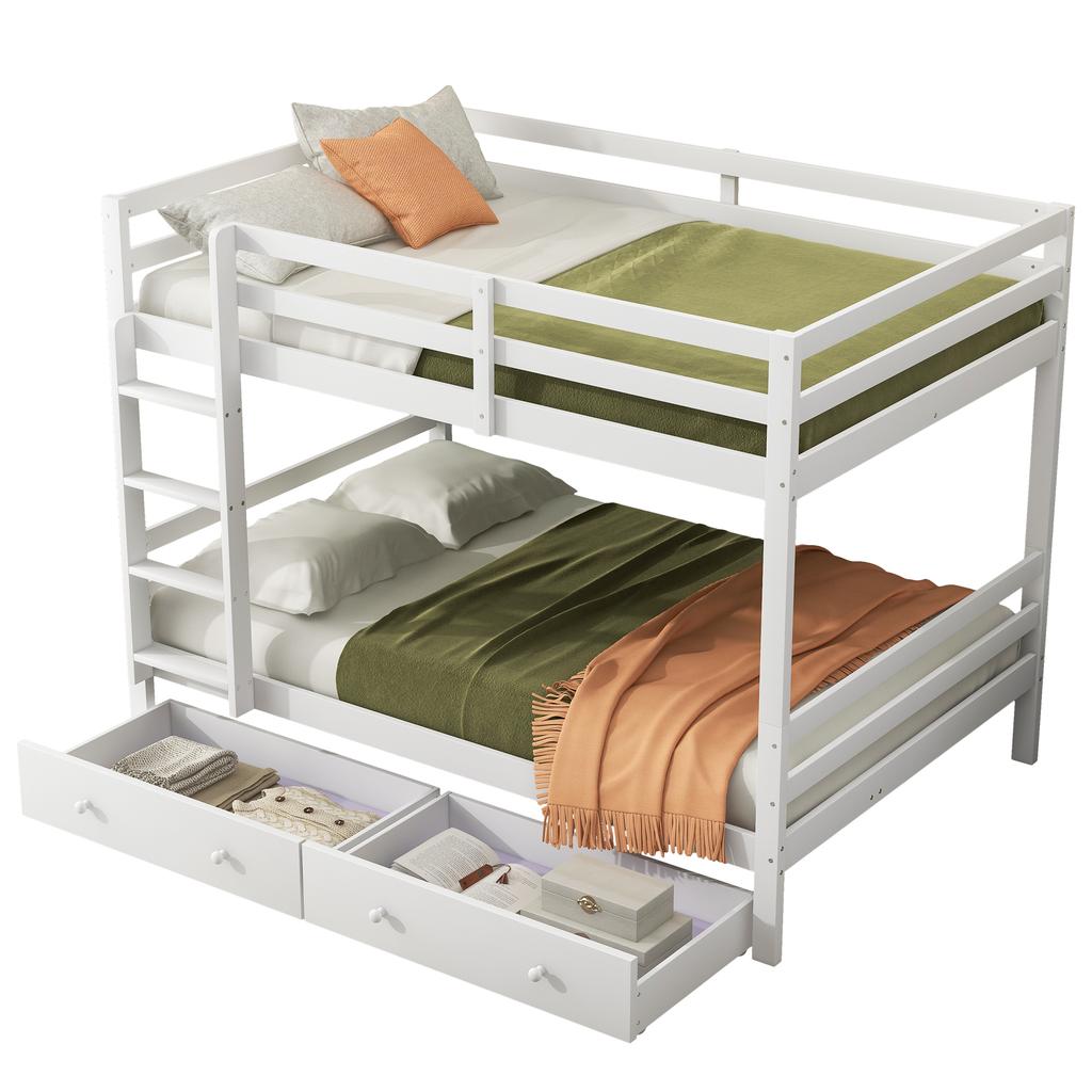 140*200cm Bunk Bed Children's Beds with Drawers, Storage Space, High Railings, White